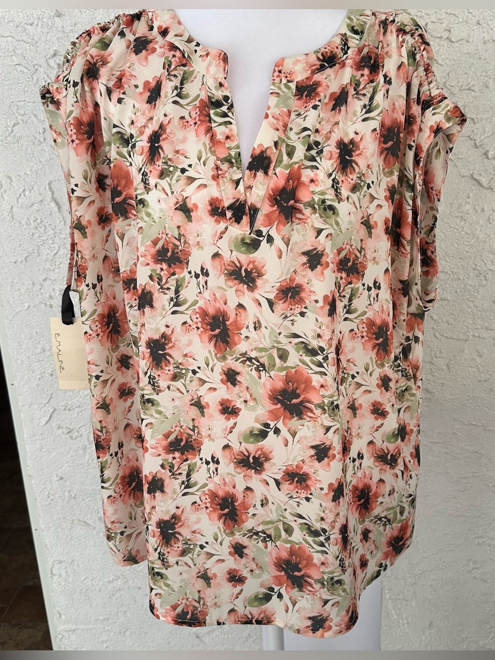 Floral Peach and Green Split-Neck Blouse NWT